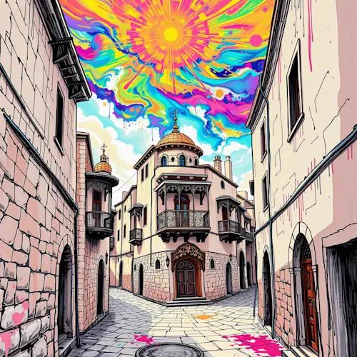 Vibrant surreal illustration titled Bakri Intersection by @mxmya_
 depicts a narrow cobblestone street intersection flanked by tall pink and beige stone buildings with arched entrances, wooden doors, ornate balconies, and a prominent central golden-domed building. The foreground shows paved stones with a manhole cover and bright pink paint splatters. Overhead dominates a psychedelic sky: a bright yellow sun radiates amid swirling, dripping clouds of vivid rainbow colors including blue, purple, pink, green, and orange.

