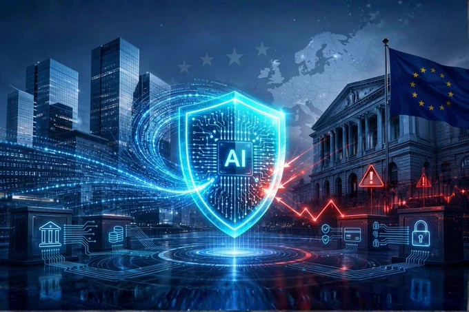 Futuristic cyber security graphic showing a glowing AI shield protecting banking infrastructure with a European Union flag background.
