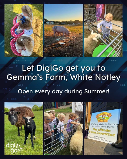 Gemma's Farm, White Notley: A collage of farm animals and children, promoting summer visits.