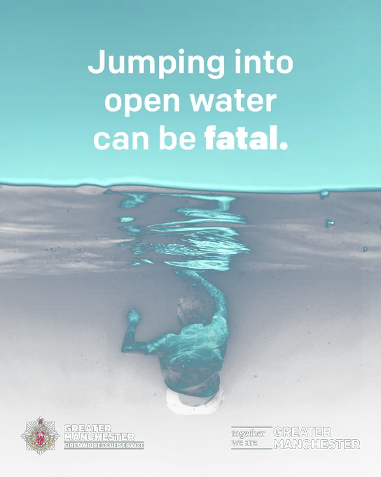 Jumping into open water can be fatal. Image shows person underneath the water.
