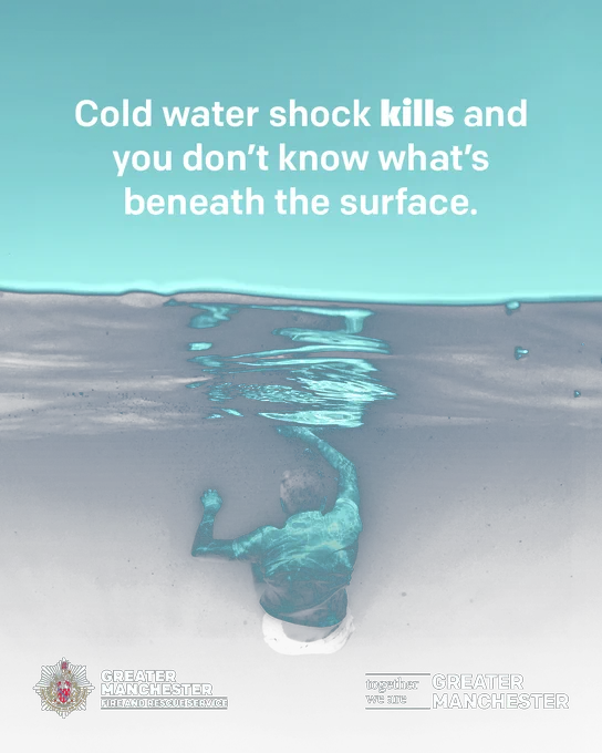 Cold water shock kills and you don’t know what’s beneath the surface. Image shows person underneath the water.