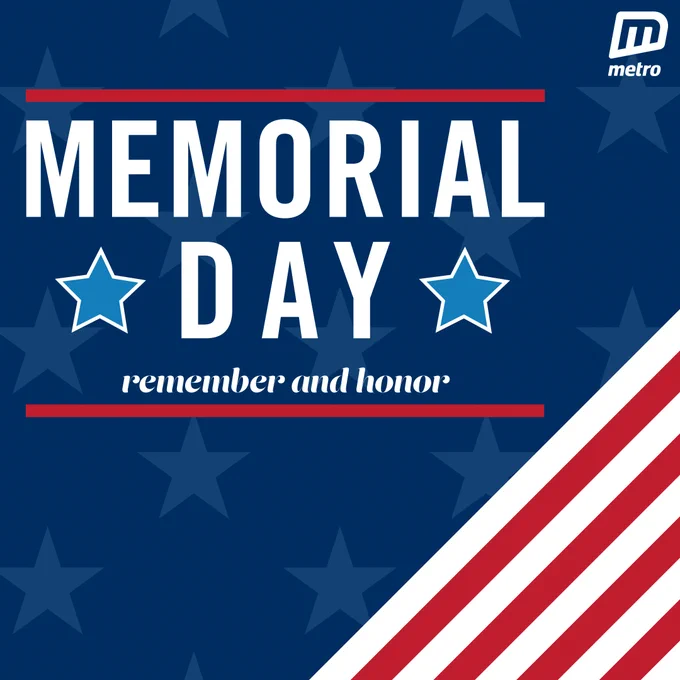 Blue background with stars and stripes designed after the American flag. "Memorial Day. Remember and honor" is written in white text in the top left center.