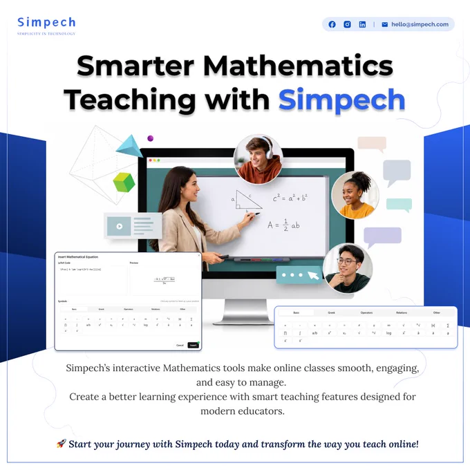 Teaching mathematics online has never been easier! With Simpech’s powerful and interactive Mathematics tools, educators can conduct smooth, engaging, and effective online classes with confidence. From solving equations to explaining complex concepts visually, Simpech helps create a better learning experience for both teachers and students.