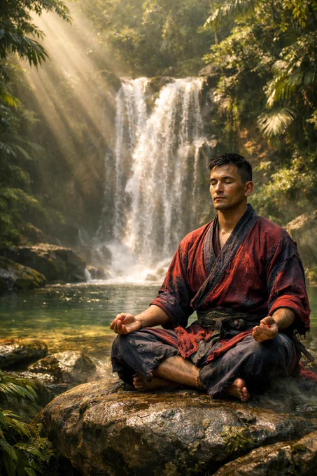 A photorealistic cinematic landscape of a secluded tropical forest waterfall cascading into a crystal‑clear pool, surrounded by dense emerald foliage, layered greenery, and soft drifting mist. Sunbeams angle in from the upper left, forming warm volumetric rays that illuminate the falling water and shimmer across the pool’s golden reflections. Moss‑covered rocks, ferns, and natural vegetation frame the scene with organic symmetry.

On the broad foreground rock sits a fictional monk‑warrior: a calm, strong‑jawed man with a weathered, contemplative presence, short dark hair, and a serene expression. His eyes are closed in deep meditation. He wears a worn deep‑crimson and indigo martial‑arts kimono, fabric visibly frayed at the edges, tied with a dark, battle‑worn obi belt. The kimono drapes naturally over his seated posture, catching soft highlights from the drifting sunbeams. His hands rest lightly on his knees, palms relaxed upward.