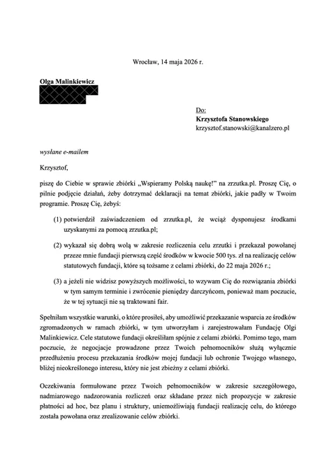 LIST OLGI MALINKIEWICZ DO KRZYSZTOFA STANOWSKIEGO W SPRAWIE ZBIÓRKI