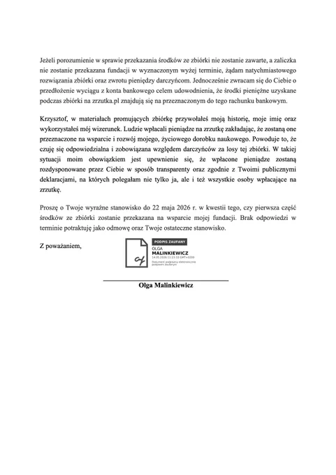 LIST OLGI MALINKIEWICZ DO KRZYSZTOFA STANOWSKIEGO W SPRAWIE ZBIÓRKI 1