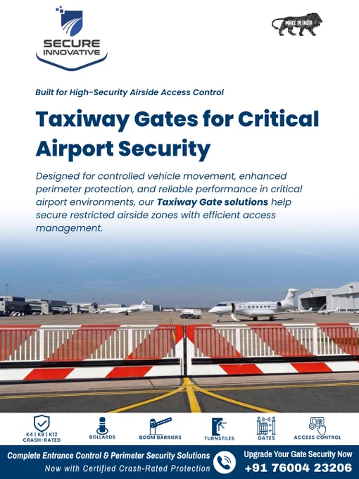 Taxiway Gates for Critical Airport Security

Designed for controlled vehicle movement, enhanced perimeter protection, and reliable performance in critical airport environments, our Taxiway Gate solutions help secure restricted airside zones with efficient access management.

Engineered for Airports, Defence Installations, Aviation Infrastructure & High-Security Facilities.

Built for High-Security Airside Access Control
📞  91 76004 23206
✉️ info@secure-india.com

🔗 https://secure-india.com/products.html

#TaxiwayGate #AirportSecurity #AirsideSecurity #GateSecurity #PerimeterSecurity #SlidingGate #EntranceControl #AirportInfrastructure #AviationIndustry #DefenceInfrastructure #AirportConsultants #SecurityIntegrators #InfrastructureConsultants #AccessControl #PhysicalSecurity #PerimeterProtection
