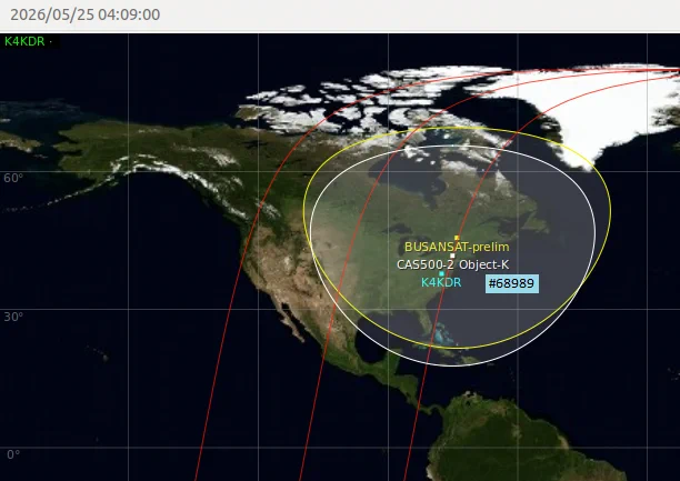 BusanSat orbit in GPredict tracking NE-to-SW over the Eastern U.S.