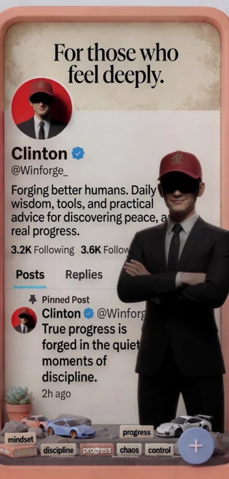 Shadowed portrait of Clinton @Winforge_ in red cap and black suit. Arms crossed, mysterious vibe with header text "For those who feel deeply.”