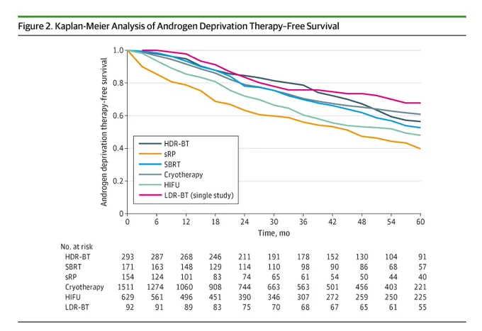 Kaplan-Meier analysis of androgen deprivation therapy-free survival displays survival rates over 60 months for HDR-BT, sRP, SBRT, Cryotherapy, HIFU, and LDR-BT, with corresponding 'number at risk' data listed below the graph.