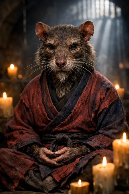 Ultra-realistic cinematic photo of a sewer sage, a highly detailed anthropomorphic rat. Featuring photorealistic brown and grey fur with individual strands visible, long white whiskers, wise dark eyes holding deep intelligence, and intricate aging textures on his snout and ears. He is wearing a worn, traditional deep-crimson and indigo martial arts kimono with visible frayed fabric textures, tied with a dark, battle-worn obi belt. Sitting in a peaceful meditative pose within a dimly lit, atmospheric underground sewer lair, surrounded by softly glowing candles. Volumetric god rays filtering through from a distant grate, highly detailed, 8k resolution, photorealistic, dramatic lighting, shot on 85mm lens, f/1.8, National Geographic nature photography meets Hollywood blockbuster.