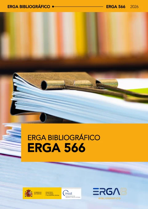 Portada del documento Erga bibliográfico 566, con imagen de un clip antiguo sujetando un grupo de folios y logos del INSST y ERGA al pie.
