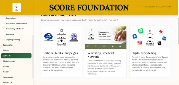 Full-page screenshot of the Outreach section on the newly launched Score Foundation website displaying accessible navigation and outreach initiatives including media campaigns, digital storytelling, and information-sharing platforms for visually impaired individuals across India.