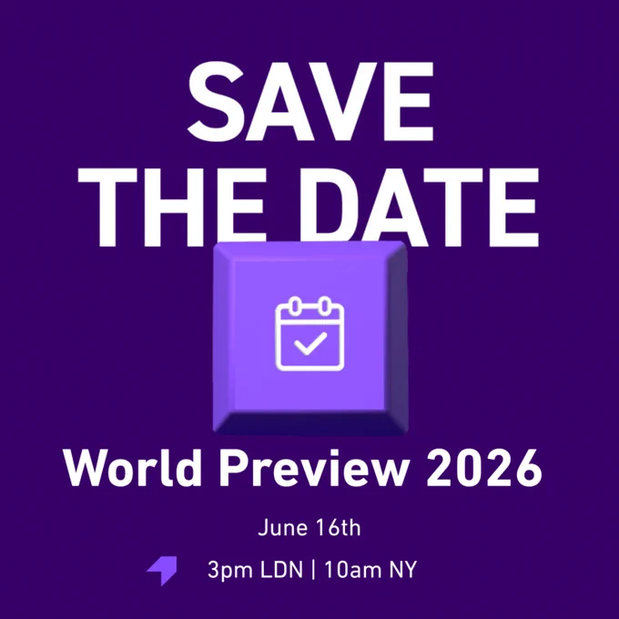 A bold 'Save the Date' graphic announcing the World Preview 2026 event on June 16th. The design features a striking purple theme with a calendar icon.