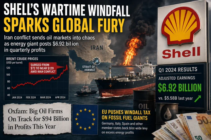 Energy giant Shell posted nearly $7 billion in quarterly profits after the Iran conflict triggered one of the largest oil market shocks in recent years. With crude prices surging toward $120 per barrel and the Strait of Hormuz facing major disruptions, governments across Europe are now demanding new windfall taxes on fossil fuel giants amid fears of a global energy crisis.