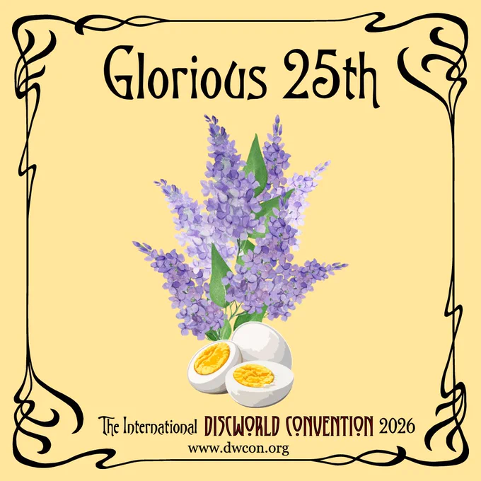 Pale yellow square background with black art nouveau border and text reading "Glorious 25th".  Below it sits a watercolour drawing of a lilac bunch, with a sliced hard boiled egg