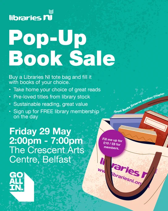 Libraries NI Pop-Up Book Sale on Friday 29 May at The Crescent Arts Centre, Belfast. Tote bag filled with books.