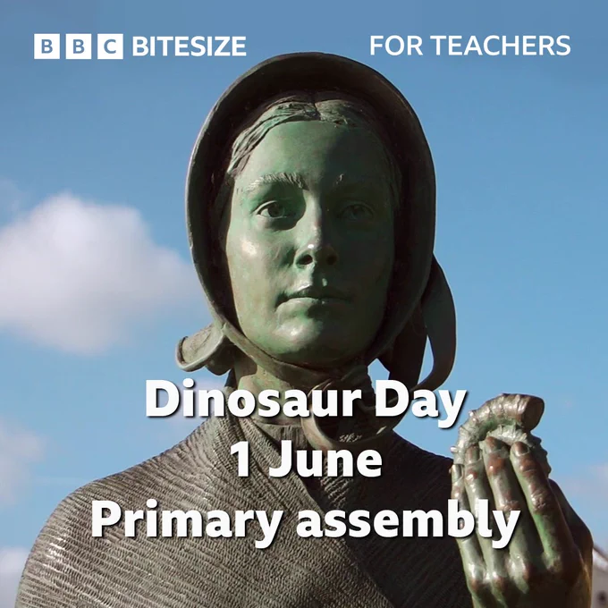 A photograph of a life-size bronze statue of Mary Anning in Lyme Regis, Dorset. Mary is holding a dinosaur fossil against a bright blue sky.