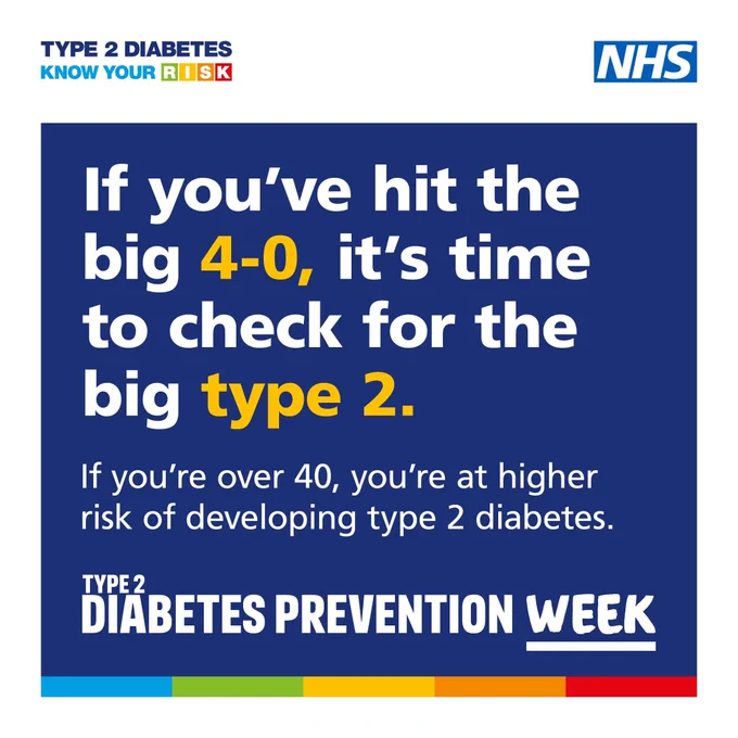 Text reads: "If you've hit the big 4-0, it's time to check for the big type 2. 
If you're over 40, you're at a higher risk of developing type 2 diabetes."