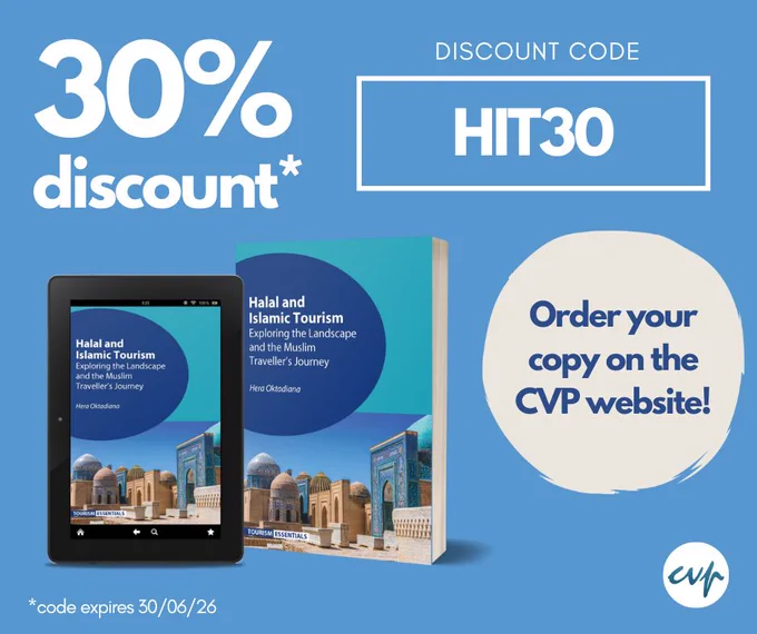 30% discount with code HIT30 on the CVP website. Code expires 30/06/2026. Tablet and cover of "Halal and Islamic Tourism: Exploring the Landscape and the Muslim Traveller’s Journey" by Hera Oktadiana.
