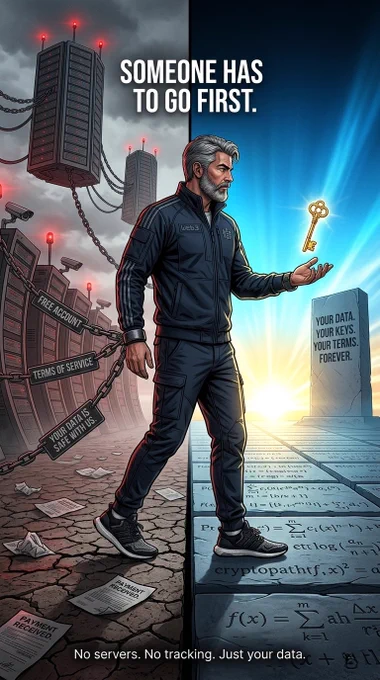 A cinematic split illustration titled "SOMEONE HAS TO GO FIRST." A determined silver-haired man in a Web3-branded jacket walks mid-step from left to right crossing the threshold between two worlds. Left side: dark and oppressive. Iron chains on his wrist labeled "FREE ACCOUNT", "TERMS OF SERVICE", "YOUR DATA IS SAFE WITH US." Corporate server towers with red warning lights loom above. Surveillance cameras cover the walls. Cracked ground with scattered papers reading "PAYMENT RECEIVED." Right side: clean, luminous, open. Chains broken. A glowing golden key floats in his open palm. A stone monolith reads "YOUR DATA. YOUR KEYS. YOUR TERMS. FOREVER." Mathematical equations cover the ground. Dawn light bursts from the horizon. Bottom text: "No servers. No tracking. Just your data." Coopa: the moment someone decides they're done paying.