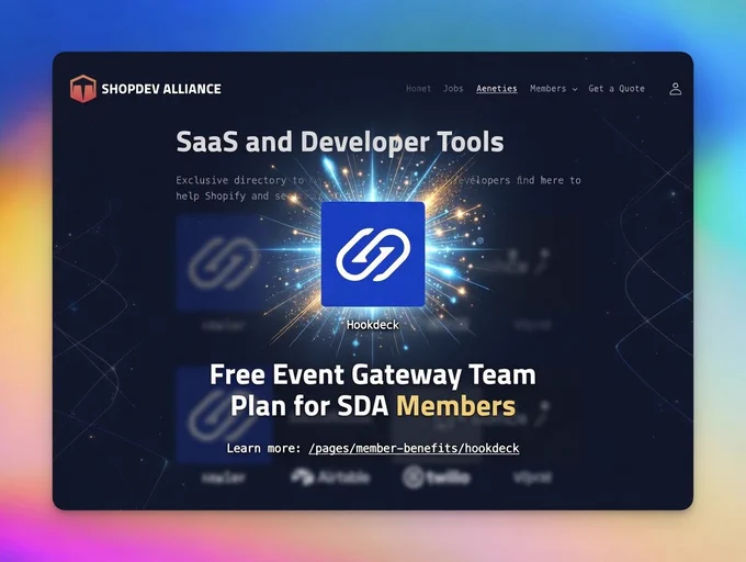 hookdeck logo emphasized with fireworks on the sda website with text that reads free event gateway team plan for sda members and a learn more link at /pages/member-benefits/hookdeck