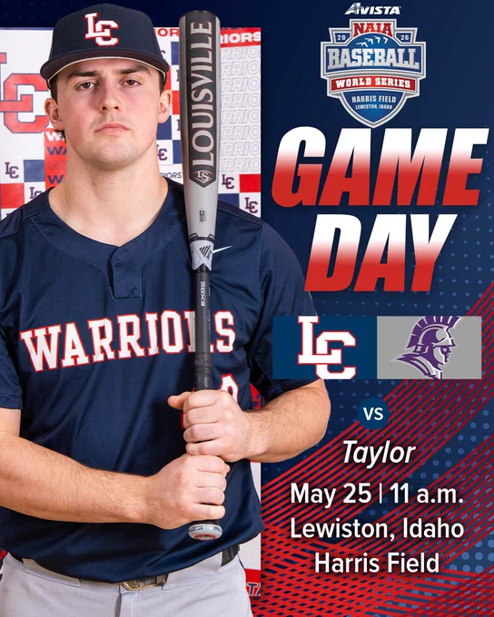 LC State baseball player standing next to game day graphic