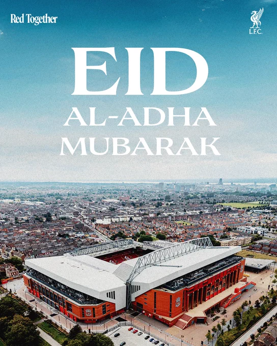 A Eid Mubarak graphic, featuring the text 'Eid Al-Adha Mubarak' over an aerial shot of Anfield Stadium