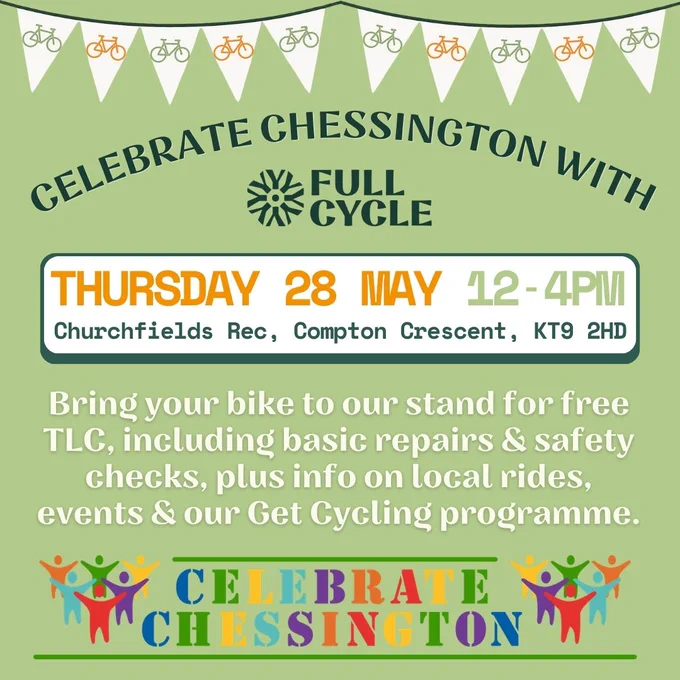 Full Cycle volunteers will be doing basic bike repairs at Celebrate Chessington on Thursday 28 May from 12-4pm