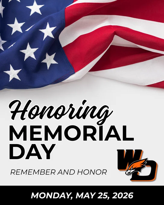 Close-up of a folded American flag with text honoring Memorial Day and a school logo, dated May 25, 2026.