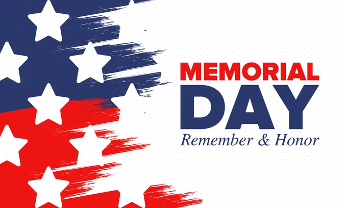 Red, white, and blue background. "Memorial Day. Remember & Honor." 
