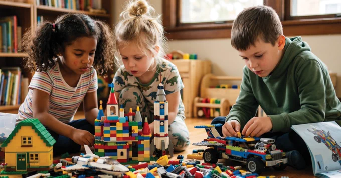 Children sitting on the floor in a playroom, building with LEGO bricks. They have constructed a colourful castle and a vehicle. Shelves with books and toys are in the background.