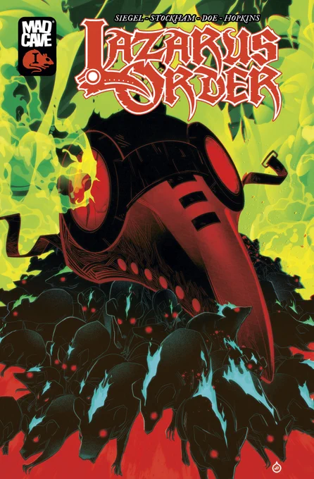 The Lazarus Order comic issue #1 cover A. Title in red at the top, with a plague doctor mask as part of the letter L. A plague doctor mask makes up the center of the image, in red and black, with a mass of rats emerging from underneath, black with red eyes.