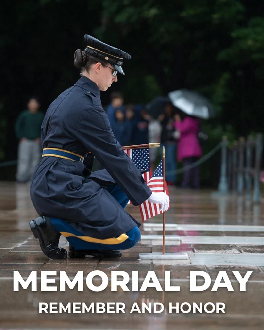 Sgt. Kaylee Johnston, a Tomb Sentinel with the 3d U.S. Infantry Regiment (The Old Guard), places a U.S. flag at the Tomb of the Unknown Soldier during Flags In at Arlington National Cemetery in Arlington, Va., May 22, 2025. (U.S. Army photo by Staff Sgt. Oscar Toscano)