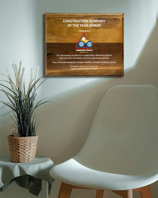 Custom Walnut Plaque Printed With Logo And Company Of the Year Award Message Mounted On Office Wall Above Chair And Plant
