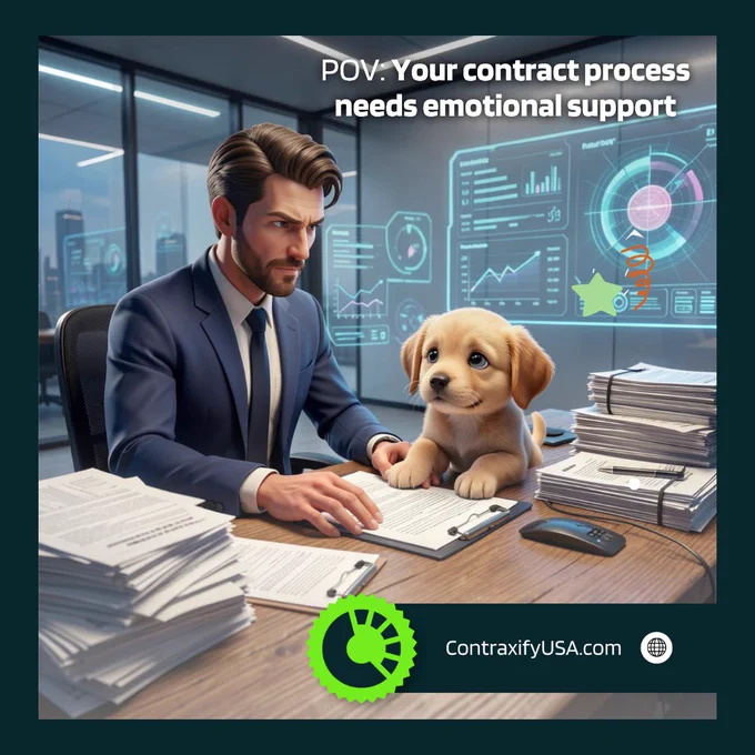 Man sitting with his dog looking frustrated while reviewing contracts on a laptop, representing inefficient contract management and the need for contract lifecycle management software