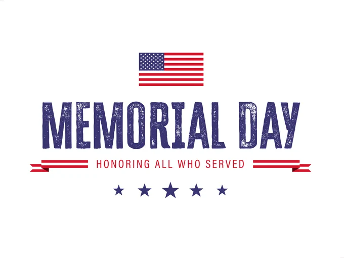 American flag above bold Memorial Day text honoring all who served with five stars below.