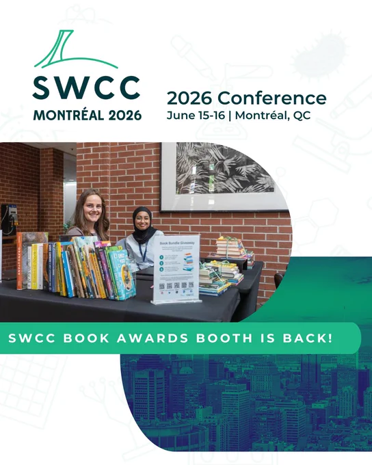 Two people seated at a book-filled table smile at the SWCC Book Awards booth. A "Book Bundle Giveaway" sign and QR code are displayed on the table. Text reads: SWCC Book Awards Booth is Back! SWCC Montréal 2026 Conference, June 15–16, Montréal, QC.