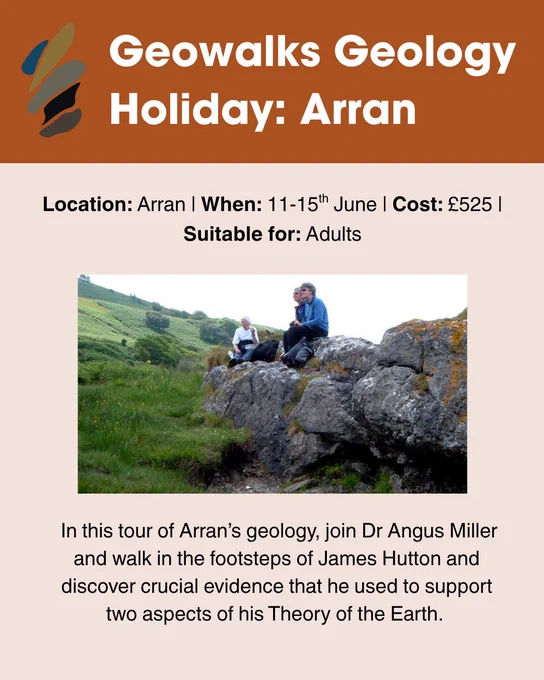Graphic containing information regarding the event. Event Description: In this tour of Arran’s geology, join Dr Angus Miller and walk in the footsteps of James Hutton and discover crucial evidence that he used to support two aspects of his Theory of the Earth. Location: Arran. When: 11-15th June. Cost: £525. Suitable for: Adults. Image: Three hikers sitting on a dark rock having lunch, surrounded by lush vegetation. 