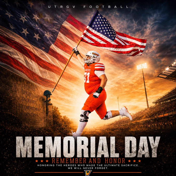 Football player running with an American flag, stadium in background