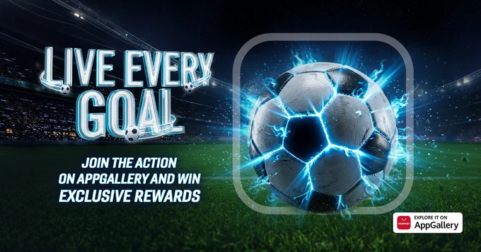 Football-inspired gaming artwork for the AppGallery Live Every Goal event featuring mobile game rewards, daily challenges, in-game prizes, and summer competition.