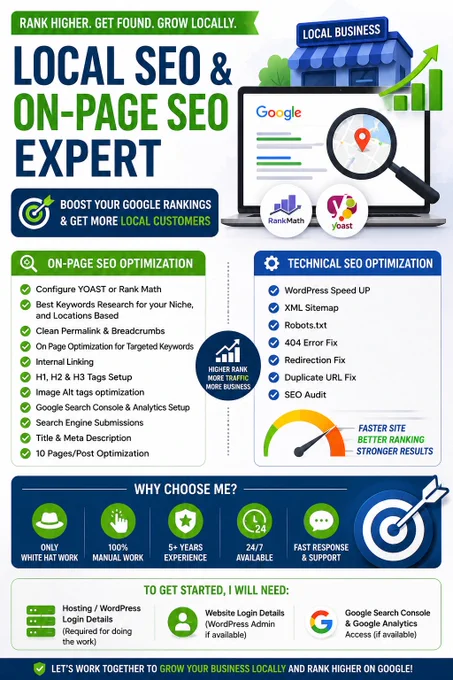 🚀 Complete Local SEO and WordPress On-Page SEO

Your business may already have a website… but is it actually bringing you customers? 🤔

A beautiful website alone is not enough. If your business is not showing up on Google Maps, local searches, or service-related keywords, potential customers are choosing your competitors every single day.

✅ Why does Local SEO matter?
Because people search before they buy. When someone searches for your service in their area, your business should appear first — not on page 3.

✅ Why is WordPress On-Page SEO important?
Because Google needs clear structure, fast loading speed, optimized content, and proper SEO settings to trust your website and rank it higher.

💡 What can this service help with?
✔️ Better Google visibility
✔️ More local leads & calls
✔️ Higher website conversions
✔️ Faster and SEO-friendly pages
✔️ Improved customer trust
✔️ Stronger online presence

❓Who needs this service?
Local businesses, agencies, shops, restaurants, More..