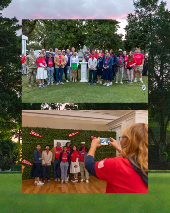 A group of people wearing red shirts with text stand together outdoors on a grass area, posing for a photo. Another image shows a similar group indoors against a backdrop of greenery, with an individual taking a picture.