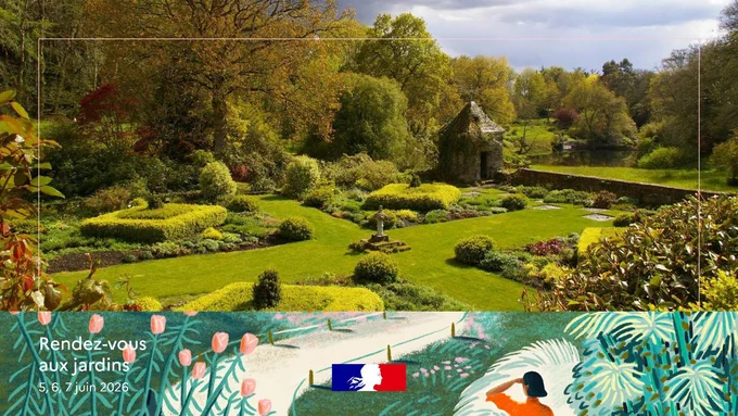 Rendez-vous aux jardins : visuel inspiré de l’affiche de Beya Rebaï, associé avec une photographie des Jardins de Kerdalo (22) © Guillaume Fandel