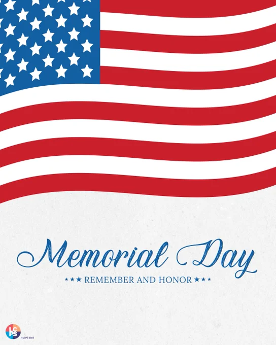 American flag waving above elegant Memorial Day text with remember and honor message on white background.
