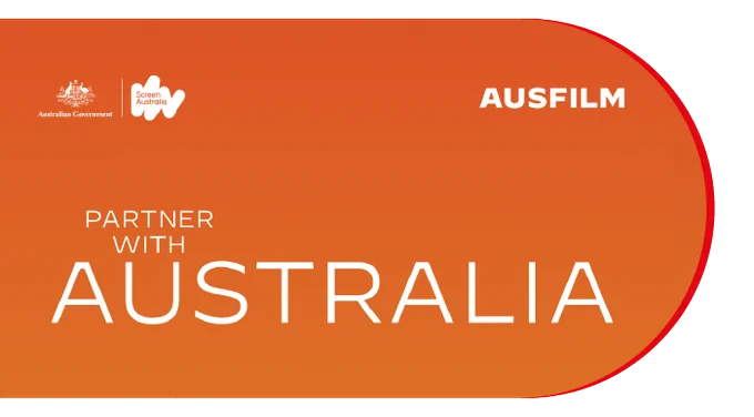 Orange banner with white text reading 'Partner with Australia' alongside Australian Government and Screen Australia logos and AUSFILM branding.