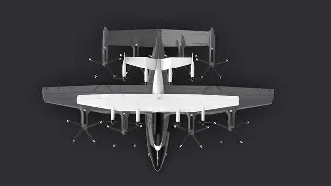 Plan-view scale comparison of the Zuri Technology Demonstrator 2.0 (smaller, upper) overlaid against the planned five-seat Zuri aircraft (larger, lower), both with V-tail and eight tilting propulsion units, shown at proportional scale.