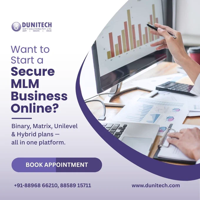 Promotional banner by Dunitech Soft Solutions featuring the text “Want to Start a Secure MLM Business Online?” with mentions of Binary, Matrix, Unilevel, and Hybrid plans. The design includes a business analytics workspace with charts, a computer monitor, laptop, and professional office setup in purple branding colors.