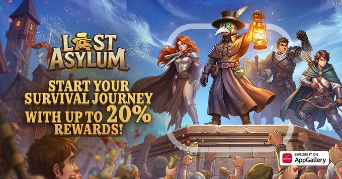 Last Asylum: Plague on HUAWEI AppGallery featuring a dark post-apocalyptic survival scene with armed characters, intense combat atmosphere, and mobile gaming coupon rewards for players.