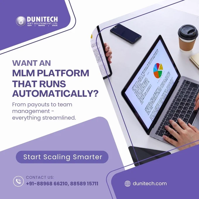 Promotional graphic by Dunitech Soft Solutions advertising an automated MLM platform. The design features a person using a laptop and tablet displaying charts and analytics. Text highlights automated payouts, team management, and streamlined MLM business operations in a purple-themed corporate layout.